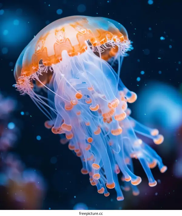 A glowing jellyfish floats gracefully through the dark ocean waters