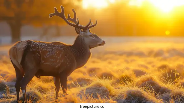 A majestic deer stands in a field of tall grass at sunrise