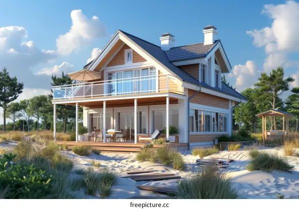 Modern beach house with large windows and a spacious deck