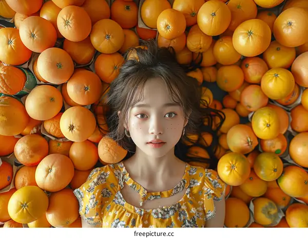 Asian Girl Relaxing in a Pile of Oranges