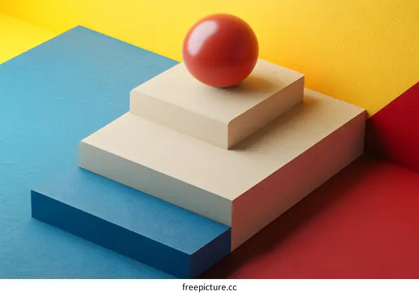 Red Sphere on Wooden Platform with Colorful Background