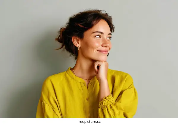 Thoughtful Woman in a Yellow Linen Blouse