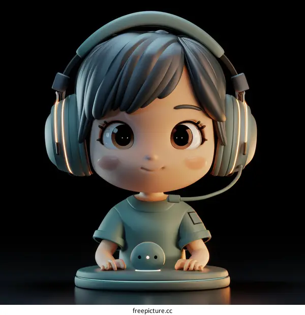 3D illustration of a cute cartoon girl wearing headphones and using a computer