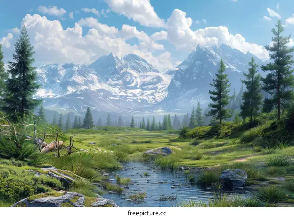 Panoramic View of Majestic Mountains and a Tranquil River in a Serene Valley
