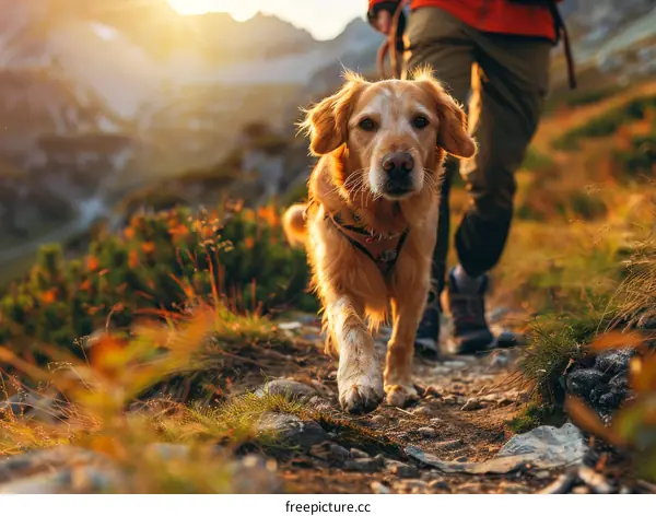 Golden Retriever and Owner Hiking on Mountain Trail