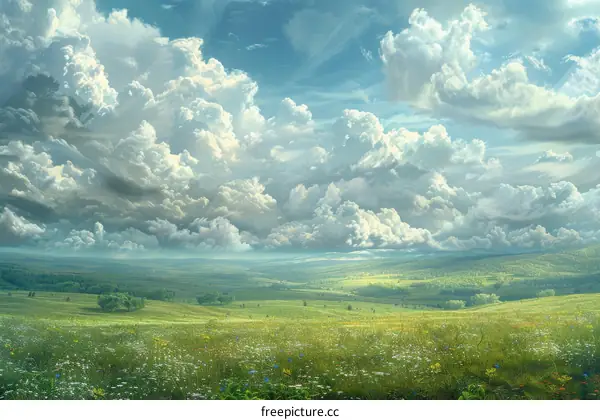 Green rolling hills under a blue sky with white clouds