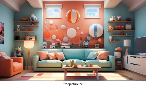 Modern Living Room with Blue Sofa and Orange Accents