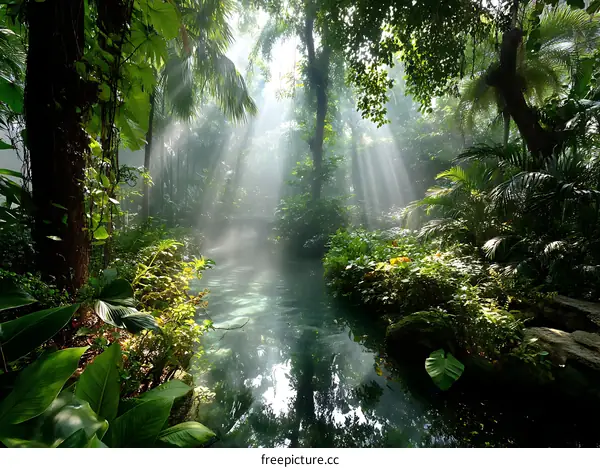Sunlight Streams Through Lush Tropical Forest