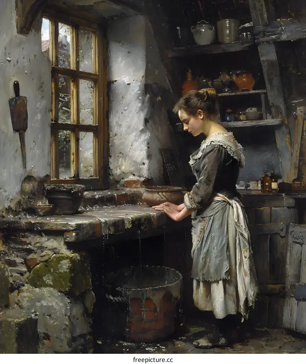 A woman washing clothes in a washtub in a humble kitchen setting