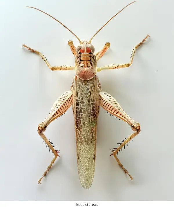 A large brown grasshopper on a white surface