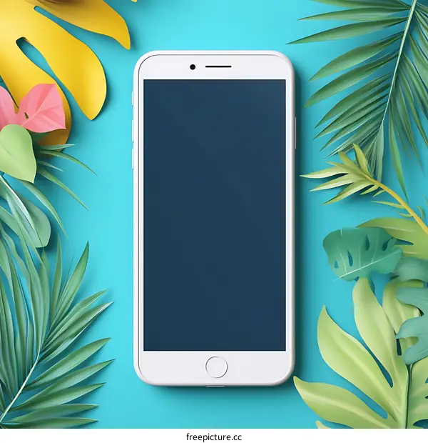 Tropical Leaves and Smartphone Mockup on Blue Background