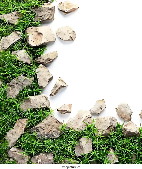 Green Grass and Rocks Border on White Background