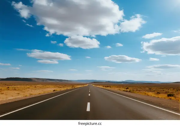 A long asphalt road stretching under a clear blue sky with scattered clouds