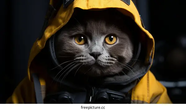 Gray Cat with Headphones and Yellow Raincoat