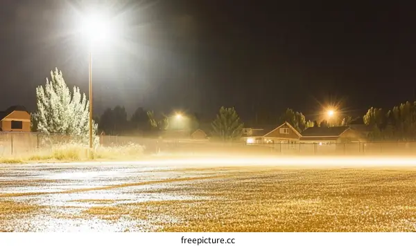 Nighttime Suburban Landscape with Foggy Field