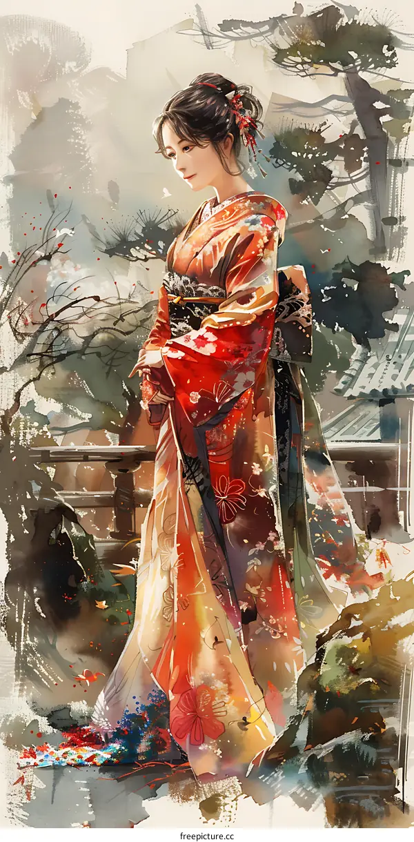A beautiful Japanese woman in a kimono standing in a garden