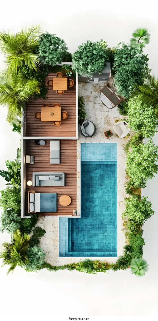 Top View of Modern Tropical House with Pool