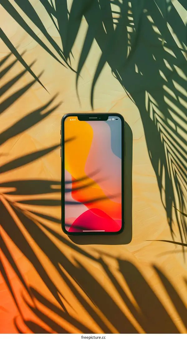 Smartphone on the Table With Palm Tree Shadow