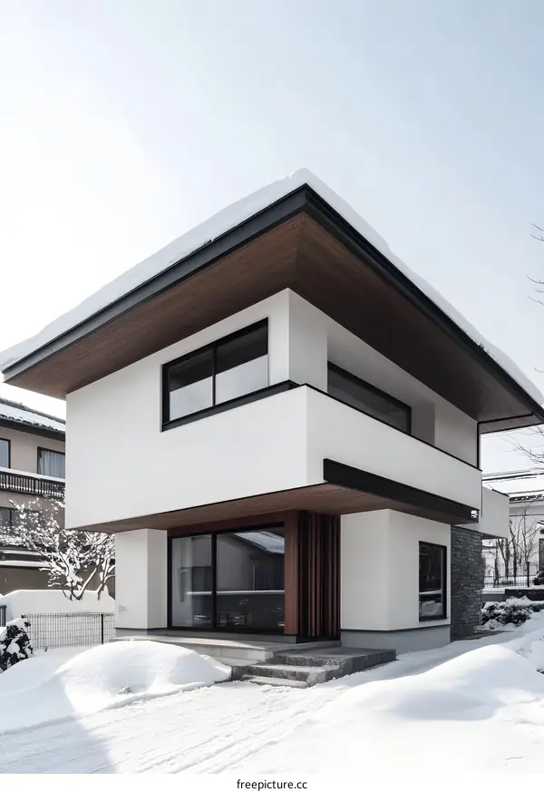 Modern Minimalist Home With Snow Covered Roof
