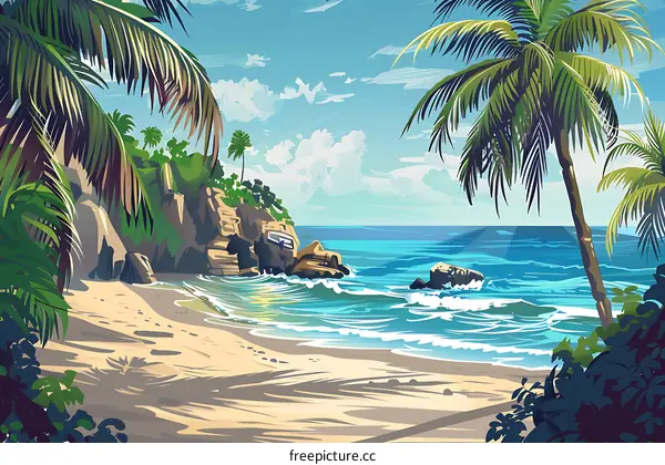 Tropical Beach Illustration with Palm Trees and Blue Sky