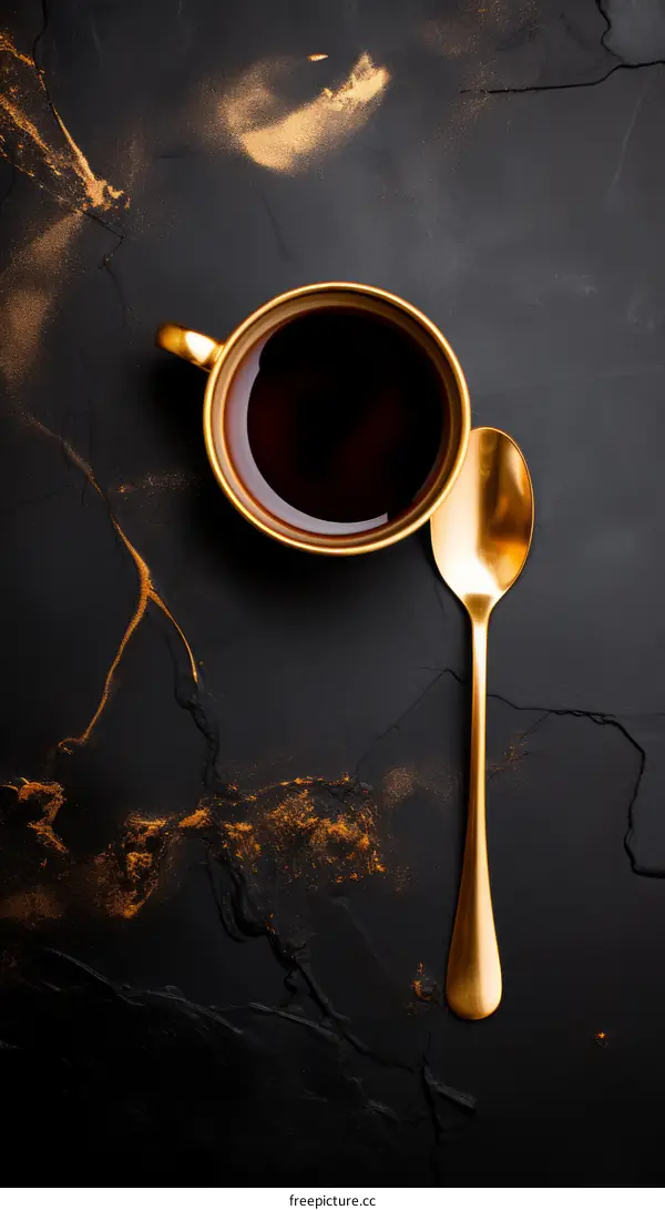 Black coffee in a golden cup against a black marble backdrop