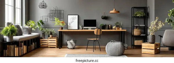 Modern Home Office with Plants and Wooden Furniture