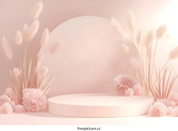 Minimalist Product Display with Pink Flowers and Pampas Grass