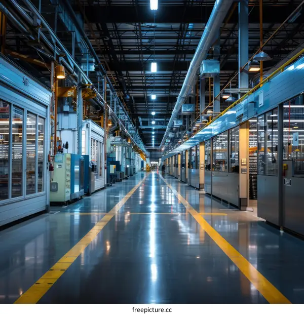 Empty Factory Building with Yellow Floor Lines