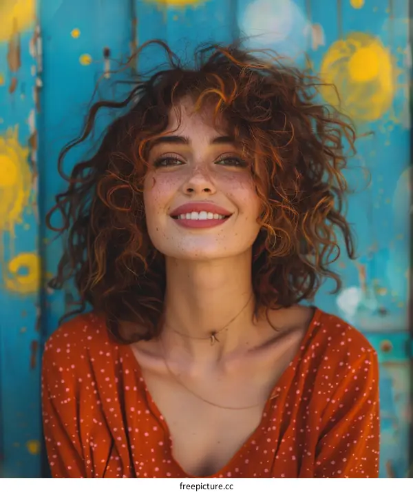 Portrait of a happy Caucasian woman with curly hair and freckles