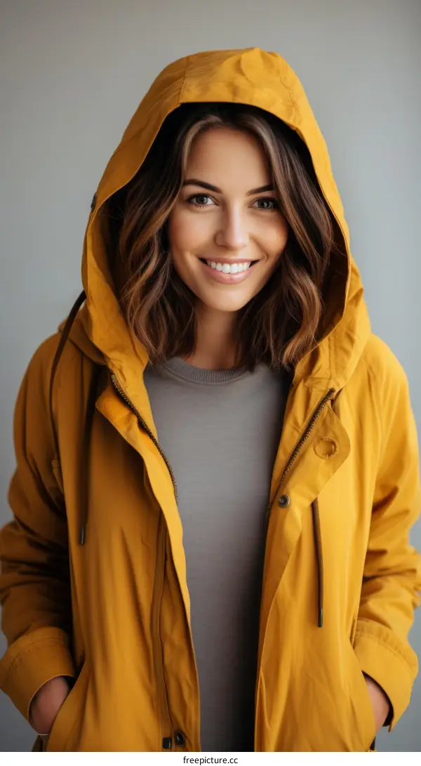 Young woman in a yellow raincoat smiling