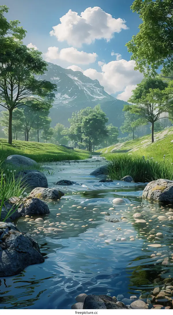 Stones on the Riverbed and Mountain Landscape