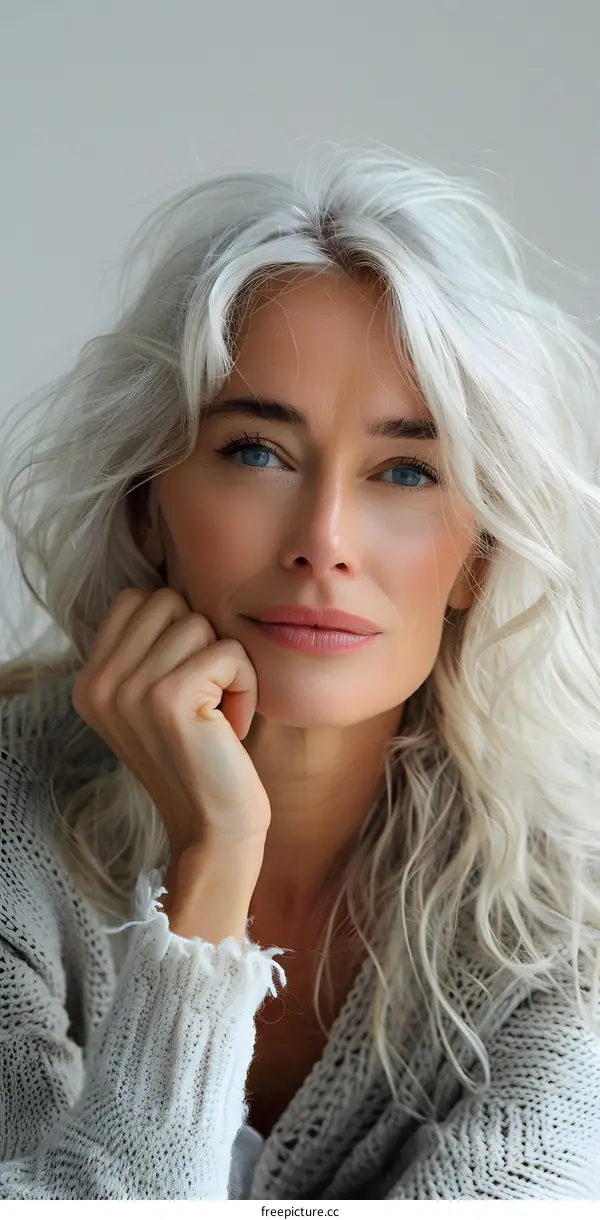Beautiful Woman with White Hair, Closeup Portrait