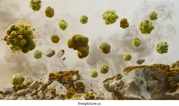 Floating Green Moss on Rocks With Smoke Background