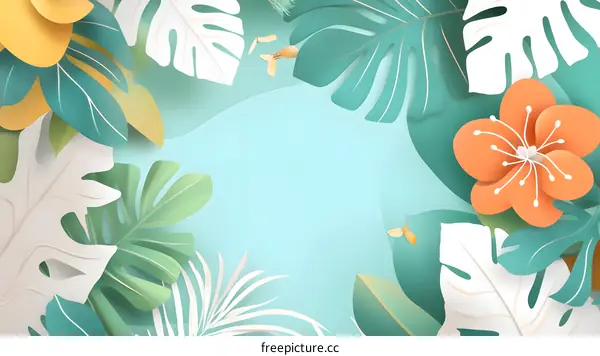 Tropical Leaves and Flowers Paper Cut Illustration