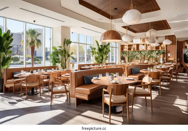 Modern Restaurant with Wood Interior and Large Windows