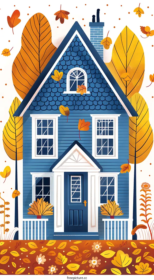 Autumn House with Fall Leaves Illustration