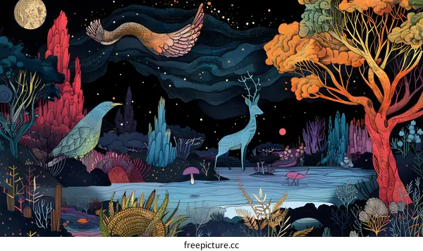 Fantasy Night Forest Landscape With Flying Bird