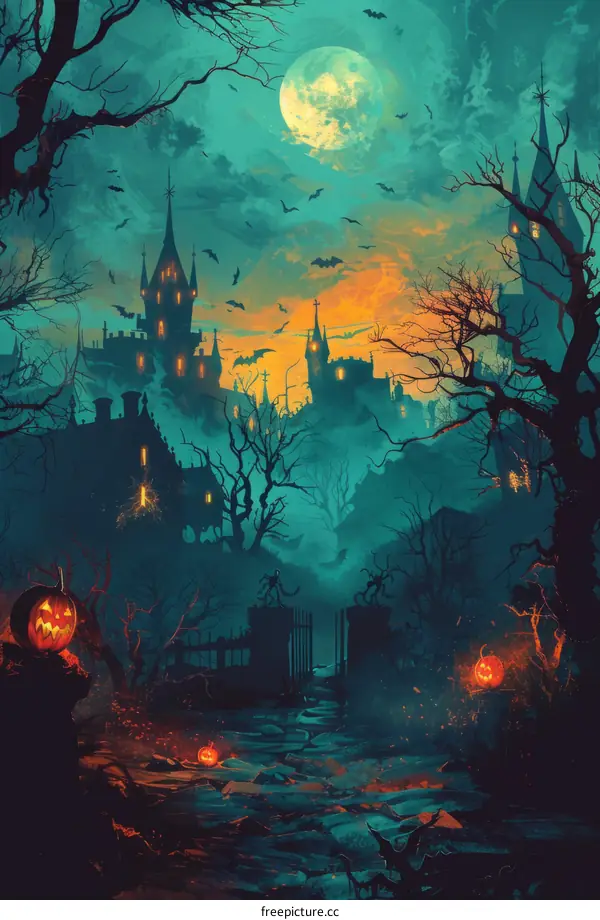 The path to a spooky castle on Halloween night