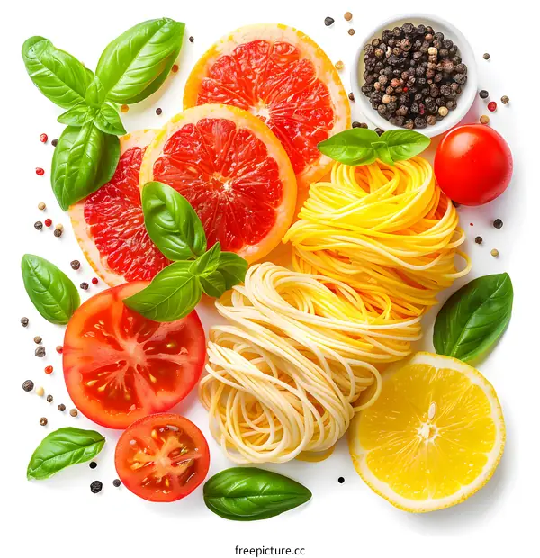 Pasta ingredients on white background