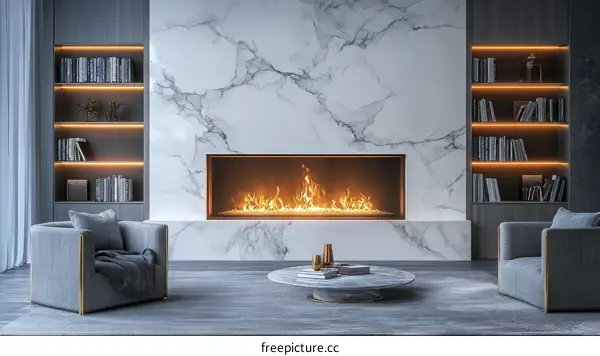 Modern Living Room with Marble Fireplace and Bookshelves