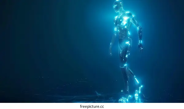 Blue translucent glowing man walking