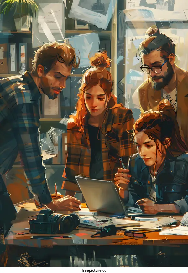 A group of people are discussing a project in an office