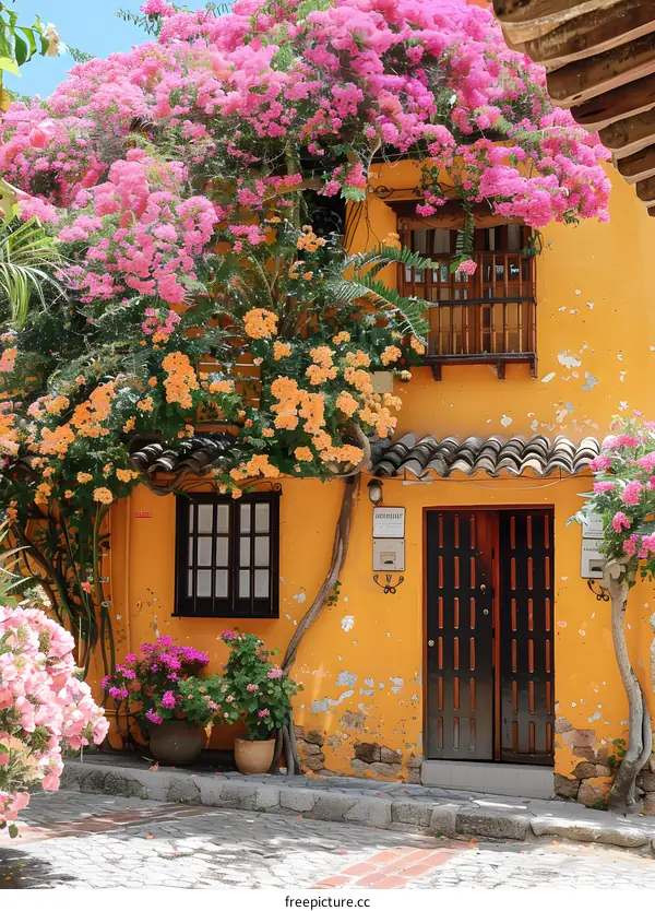 Yellow House with Flowers and a Wooden Door in Colombia