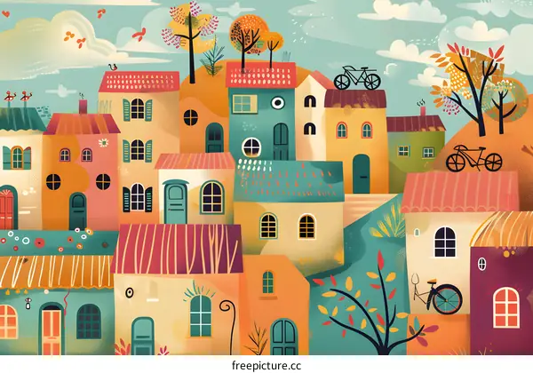 Colorful Illustration of a Town with Houses and Bikes