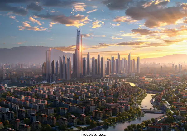 City Skyline with Light Trails at Evening