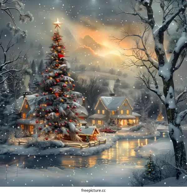 Snowy Christmas Landscape with Houses and Snow Covered Trees