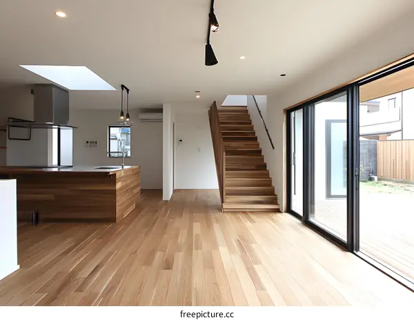 Modern Minimalist Interior Design With Wooden Stairs and Sliding Glass Doors