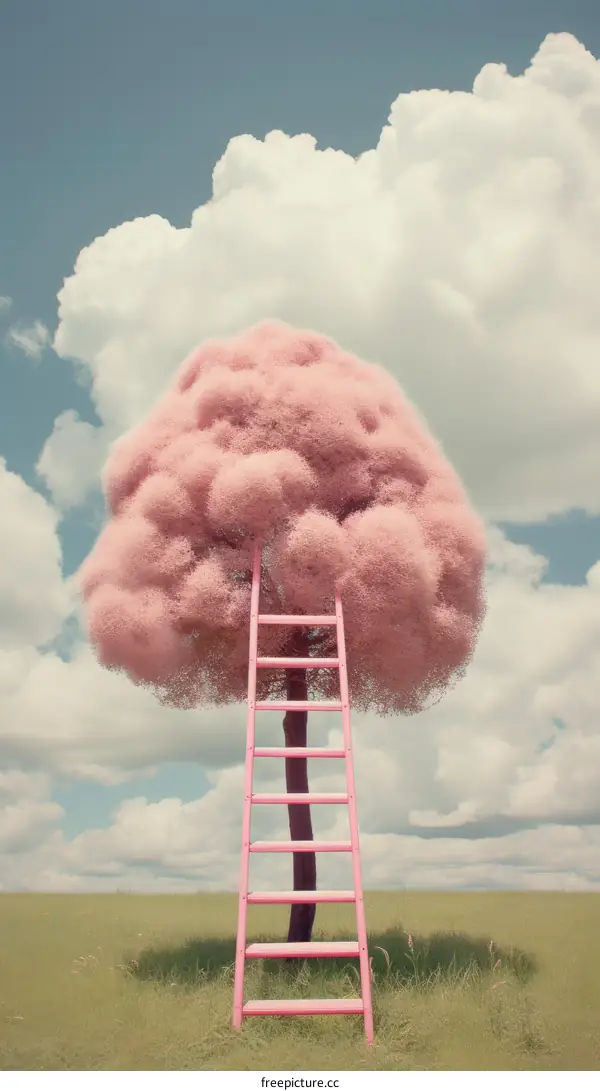 A pink surreal tree with a ladder leading up to it