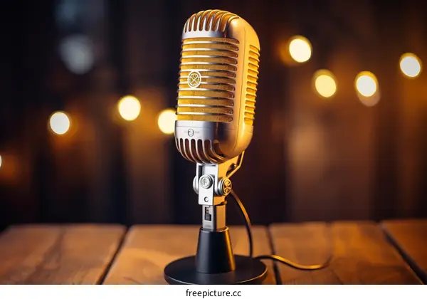 Vintage Microphone on Wooden Table with Blurred Lights