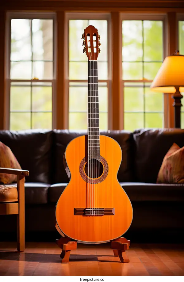 An acoustic guitar is placed on a stand in a living room